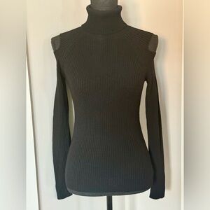 Theory Black Ribbed Knit Cold Shoulder Top